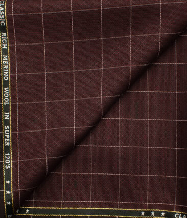 J.Hampstead Men's Wool Checks Super 120's 1.30 Meter Unstitched Trouser Fabric (Maroon )