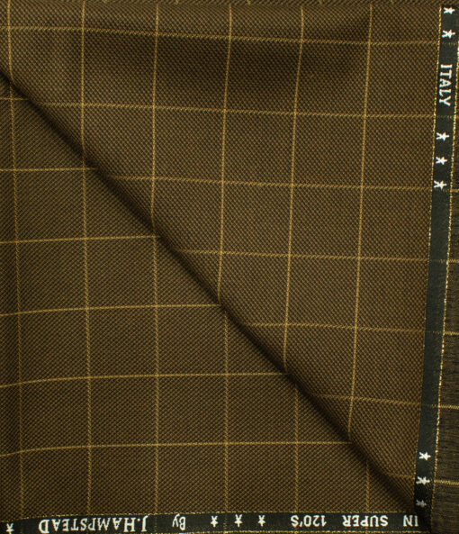 J.Hampstead Men's Wool Checks Super 120's 1.30 Meter Unstitched Trouser Fabric (Brown)