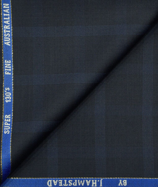 J.Hampstead Men's Wool Checks Super 130's1.30 Meter Unstitched Trouser Fabric (Dark Navy Blue)