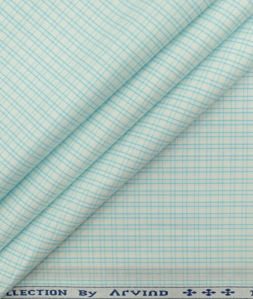 Arvind Men's Pure Cotton Checks 2.25 Meter Unstitched Shirting Fabric (White & Arctic Blue)
