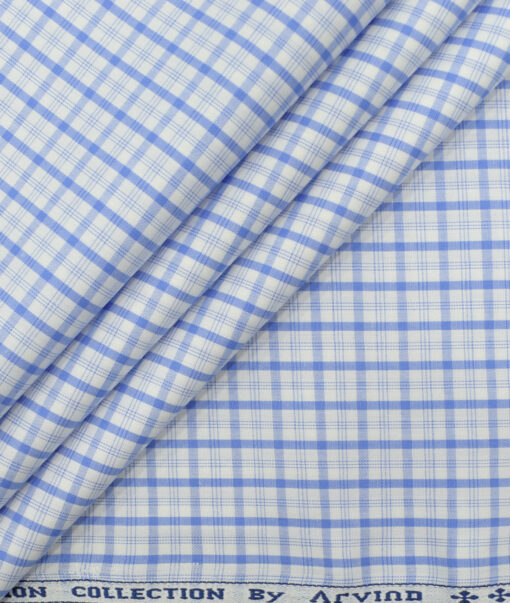 Arvind Men's Pure Cotton Checks 2.25 Meter Unstitched Shirting Fabric (White & Blue)