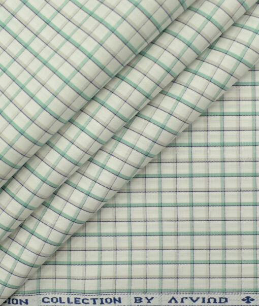 Arvind Men's Pure Cotton Checks 2.25 Meter Unstitched Shirting Fabric (White & Green)