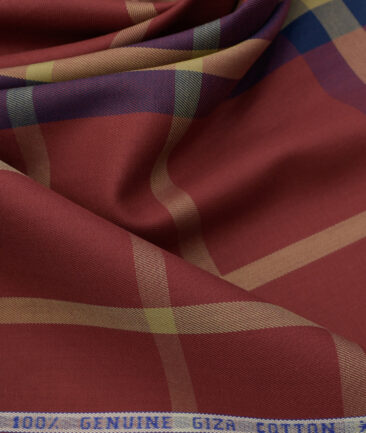 Nemesis Men's Giza Cotton Checks 2.25 Meter Unstitched Shirting Fabric (Brick Red)
