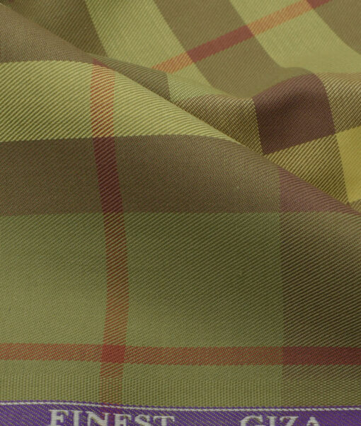Soktas Men's Giza Cotton Checks 2.25 Meter Unstitched Shirting Fabric (Olive Green)