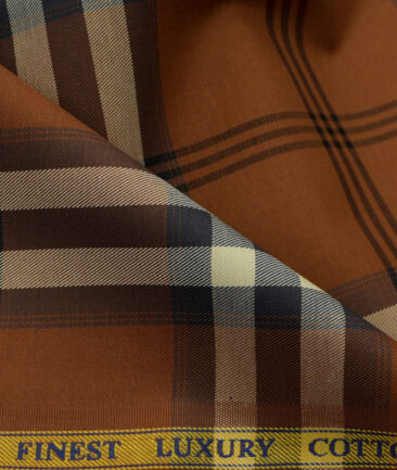 Soktas Men's Luxury Cotton Checks Unstitched Shirting Fabric (Amber Orange)