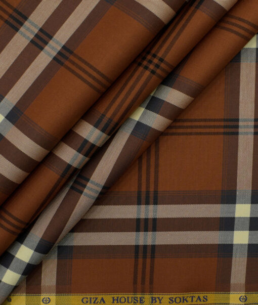 Soktas Men's Luxury Cotton Checks 2.25 Meter Unstitched Shirting Fabric (Amber Orange)