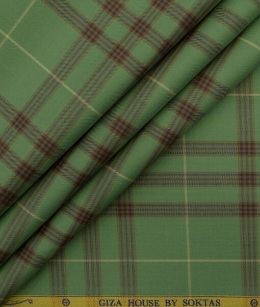 Soktas Men's Luxury Cotton Checks 2.25 Meter Unstitched Shirting Fabric (Olive Green)