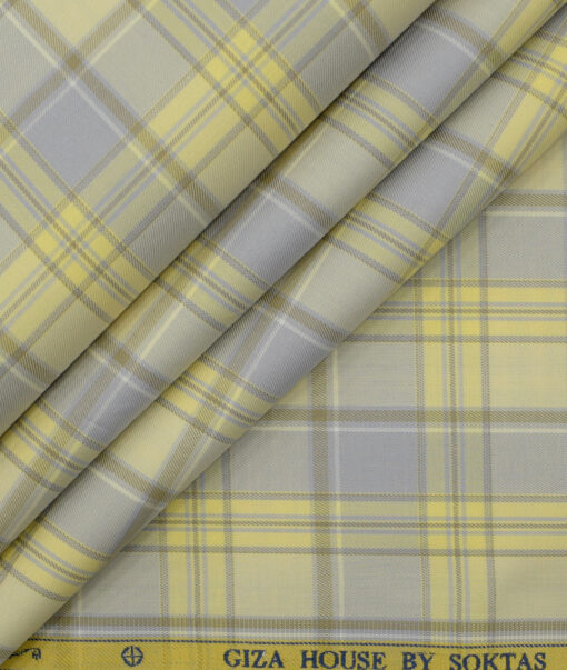 Soktas Men's Giza Cotton Checks 2.25 Meter Unstitched Shirting Fabric (Yellow)