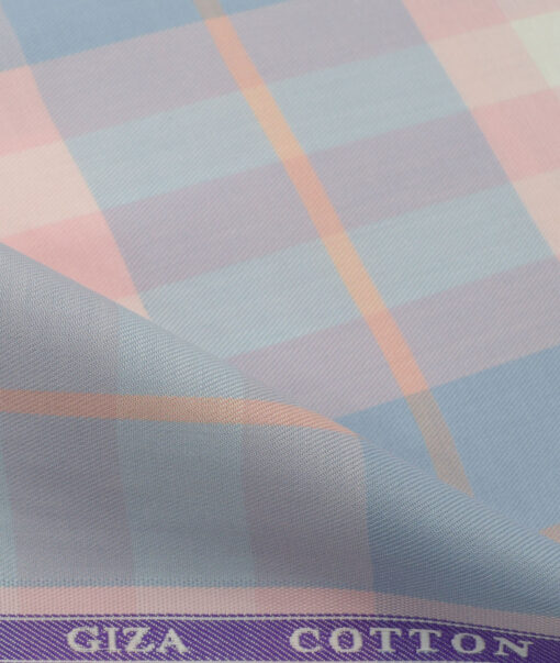 Soktas Men's Giza Cotton Checks 2.25 Meter Unstitched Shirting Fabric (Blue & Pink)