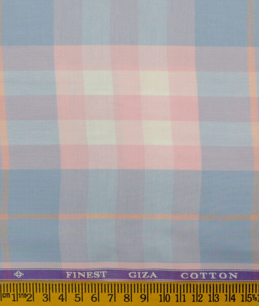 Soktas Men's Giza Cotton Checks 2.25 Meter Unstitched Shirting Fabric (Blue & Pink)