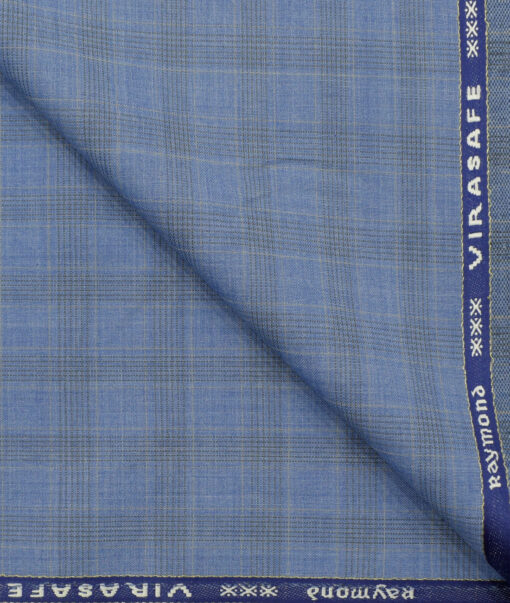 Raymond Men's Wool Checks Virasafe3.75 Meter Unstitched Suiting Fabric (Sky Blue)