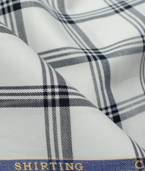 Cadini Men's Giza Cotton Checks 2.25 Meter Unstitched Shirting Fabric (White & Dark Blue)
