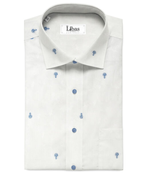 Donzito Men's Premium Cotton Self Design 2.25 Meter Unstitched Shirting Fabric (White & Blue)