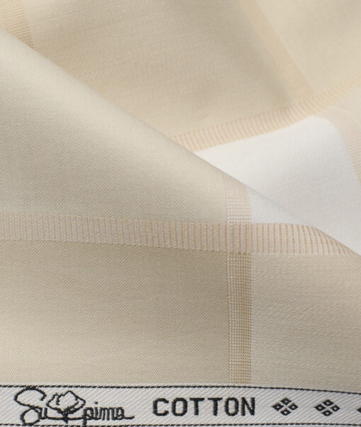Luthai Men's Supima Cotton Checks 2.25 Meter Unstitched Shirting Fabric (White & Beige)