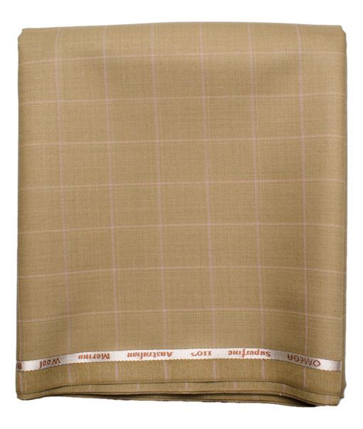 Cadini Men's  Wool Checks Super 110's 1.20 Meter Unstitched Trouser Fabric (Fawn Beige)