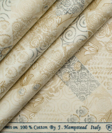 J.Hampstead Men's Pure Cotton Printed 2.25 Meter Unstitched Shirting Fabric (Cream)