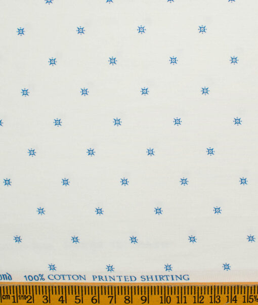 Raymond Men's Pure Cotton Printed 2.25 Meter Unstitched Shirting Fabric (White & Firozi Blue)