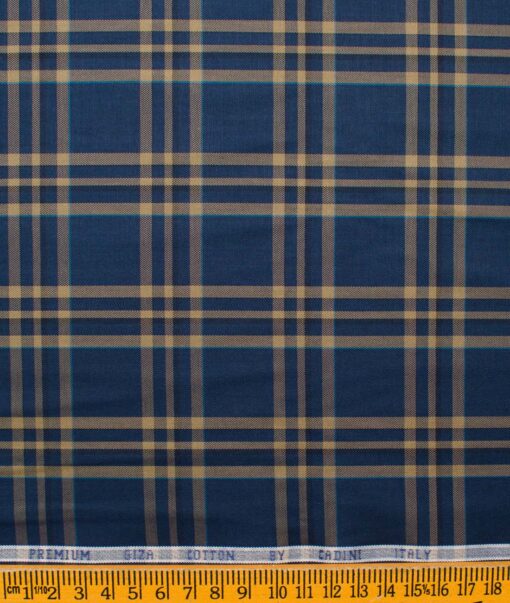 Cadini Men's Giza Cotton Checks  Unstitched Shirting Fabric (Dark Royal Blue & Beige)