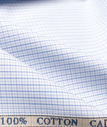 Cadini Men's Giza Cotton Checks 2.25 Meter Unstitched Shirting Fabric (White & Blue)