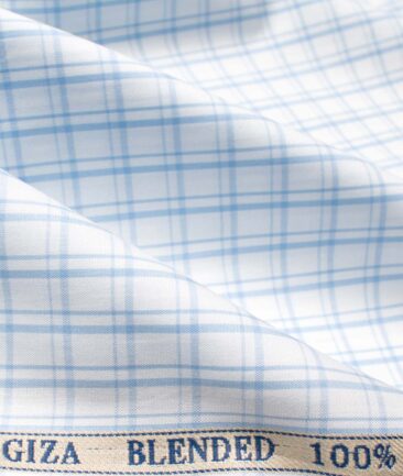 Cadini Men's Giza Cotton Checks  Unstitched Shirting Fabric (White & Blue)