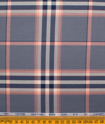 J.Hampstead Men's Giza Cotton Checks  Unstitched Shirting Fabric (Grey & Peach)