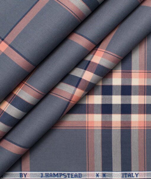J.Hampstead Men's Giza Cotton Checks  Unstitched Shirting Fabric (Grey & Peach)