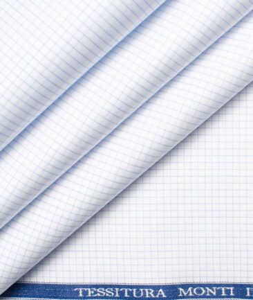 Tessitura Monti Men's Giza Cotton Checks  Unstitched Shirting Fabric (White & Sky Blue)