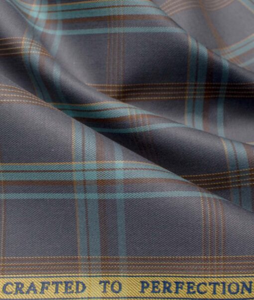 Soktas Men's Giza Cotton Checks  Unstitched Shirting Fabric (Grey & Mint Green)