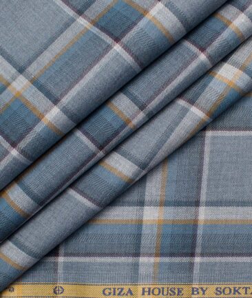 Soktas Men's Giza Cotton Checks  Unstitched Shirting Fabric (Grey & Yellow)