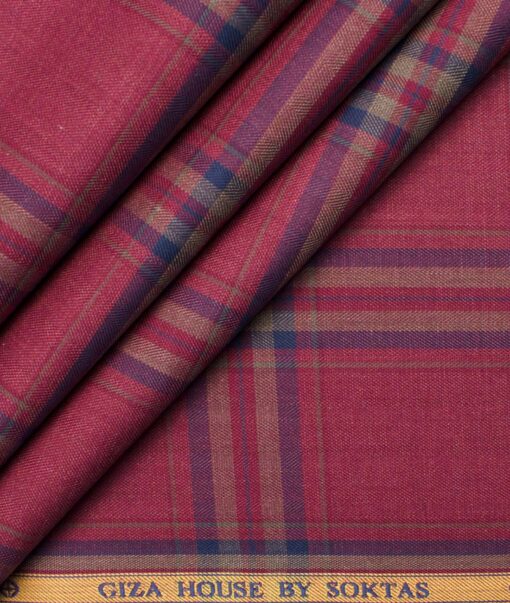 Soktas Men's Giza Cotton Checks  Unstitched Shirting Fabric (Light Burgundy Red)