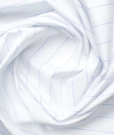 Luthai Men's Giza Cotton Striped 2.25 Meter Unstitched Shirting Fabric (White & Sky Blue)