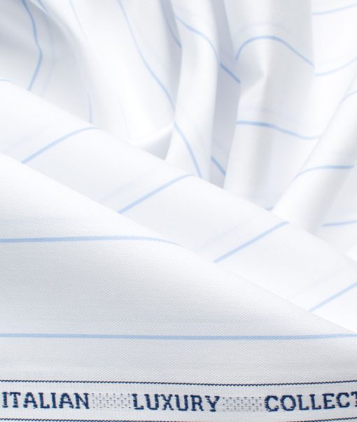 Luthai Men's Giza Cotton Striped 2.25 Meter Unstitched Shirting Fabric (White & Sky Blue)