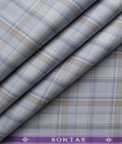 Soktas Men's Giza Cotton Checks 2.25 Meter Unstitched Shirting Fabric (Light Grey)