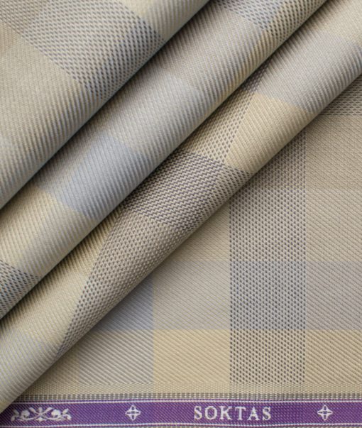 Soktas Men's Giza Cotton Checks 2.25 Meter Unstitched Shirting Fabric (Beige)