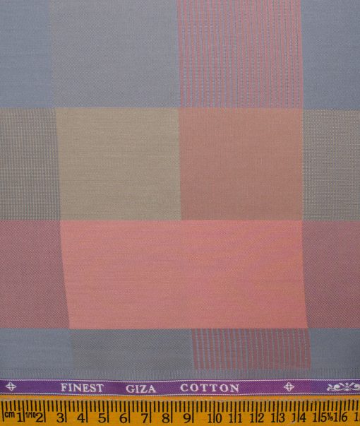 Soktas Men's Giza Cotton Checks 2.25 Meter Unstitched Shirting Fabric (Peach & Grey)