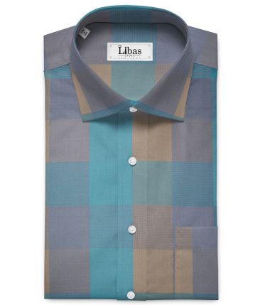 Soktas Men's Giza Cotton Checks 2.25 Meter Unstitched Shirting Fabric (Teal & Brown)