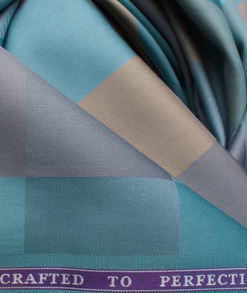 Soktas Men's Giza Cotton Checks 2.25 Meter Unstitched Shirting Fabric (Teal & Brown)