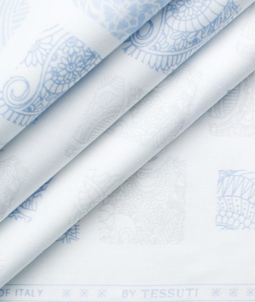 Tessuti Men's Giza Cotton Printed 2.25 Meter Unstitched Shirting Fabric (White & Blue)
