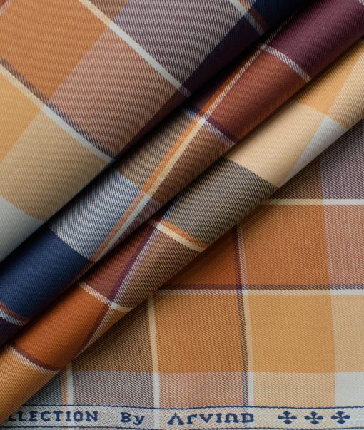 Arvind Men's Premium Cotton Checks 2.25 Meter Unstitched Shirting Fabric (Orange)