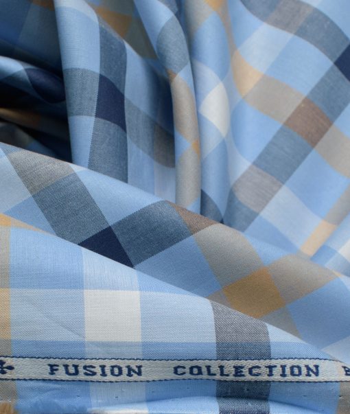 Arvind Men's Premium Cotton Checks 2.25 Meter Unstitched Shirting Fabric (Sky Blue)