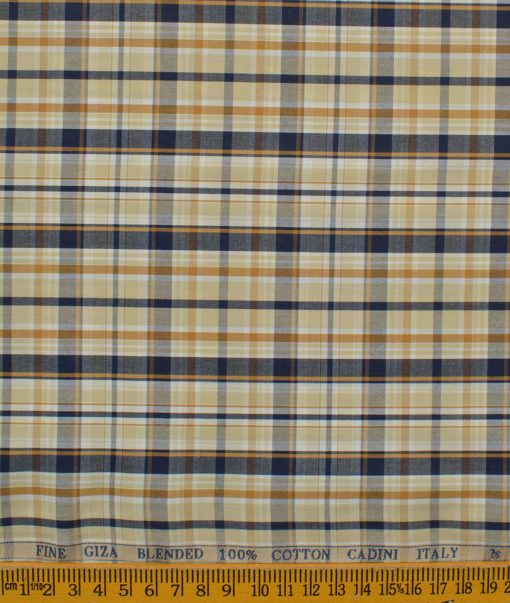 Cadini Men's Giza Blend Cotton Checks 2.25 Meter Unstitched Shirting Fabric (Beige & Blue)