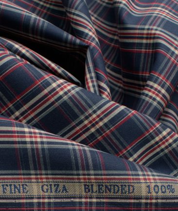 Cadini Men's Giza Blend Cotton Checks 2.25 Meter Unstitched Shirting Fabric (Dark Blue)