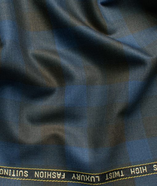 Spaadaa Men's High Twisted Terry Rayon Checks 3.75 Meter Unstitched Suiting Fabric (Blue & Brown)
