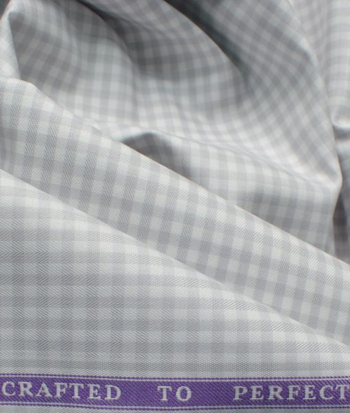 Soktas Men's Giza Cotton Checks 2.25 Meter Unstitched Shirting Fabric (White & Grey)