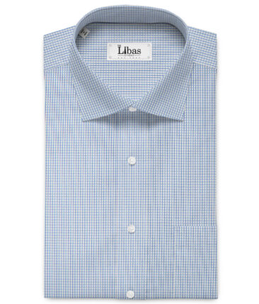 Cotton Fusion Men's Cotton Blend Wrinkle Free Checks 2.25 Meter Unstitched Shirting Fabric (White & Blue)