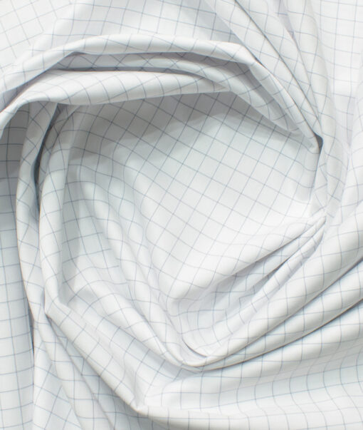 Cotton Fusion Men's Cotton Blend Wrinkle Free Checks 2.25 Meter Unstitched Shirting Fabric (White & Grey)