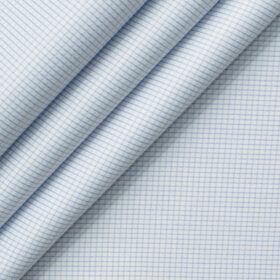 Cotton Fusion Men's Cotton Blend Wrinkle Free Checks 2.25 Meter Unstitched Shirting Fabric (White & Sky Blue)