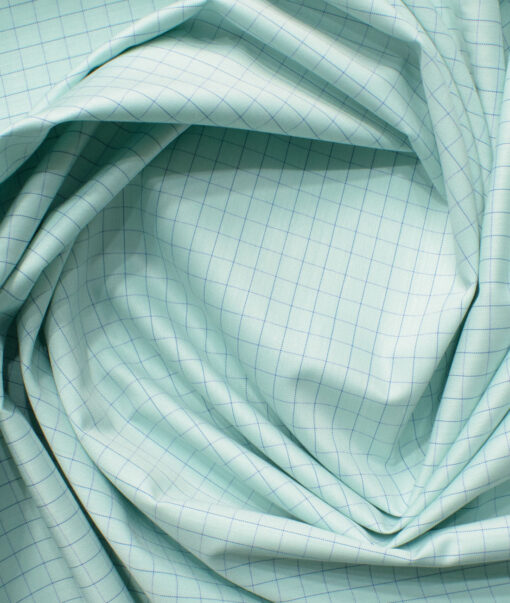 Cotton Fusion Men's Cotton Blend Wrinkle Free Checks 2.25 Meter Unstitched Shirting Fabric (Mint Green)