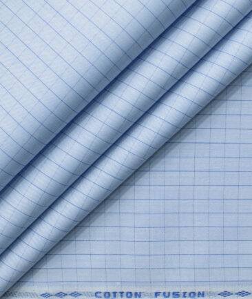 Cotton Fusion Men's Cotton Blend Wrinkle Free Checks 2.25 Meter Unstitched Shirting Fabric (Sky Blue)