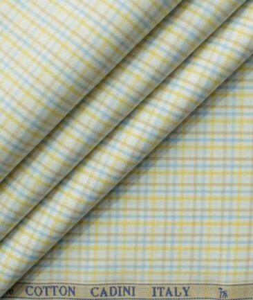 Cadini Men's Giza Blended Cotton Checks 2.25 Meter Unstitched Shirting Fabric (White & Yellow)